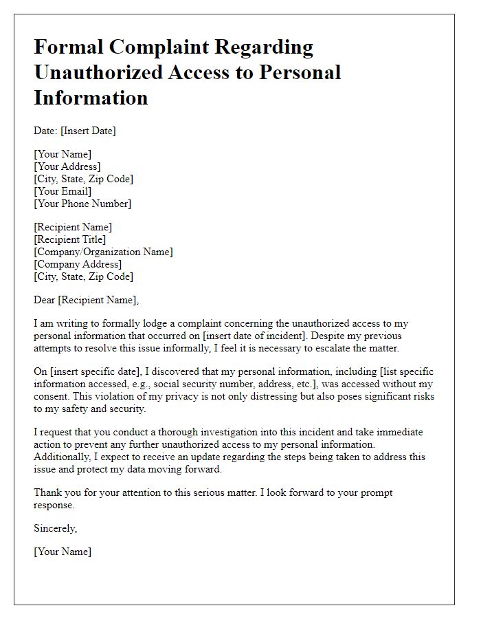 Letter template of formal complaint regarding unauthorized access to personal information