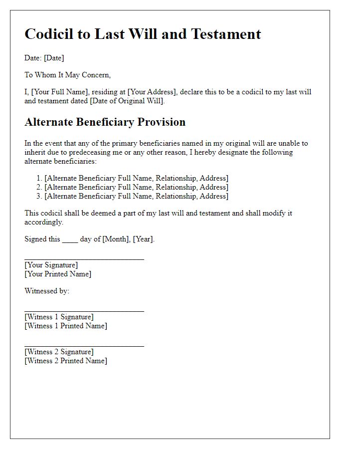 Letter template of will and testament codicil for alternate beneficiaries.