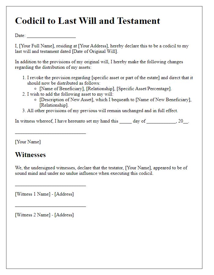 Letter template of will and testament codicil for asset redistribution.