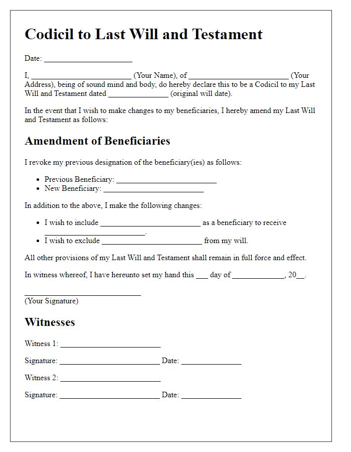 Letter template of will and testament codicil for beneficiary changes.