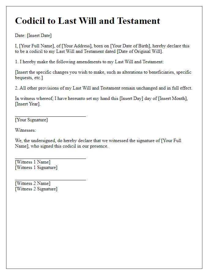 Letter template of will and testament codicil for estate updates.