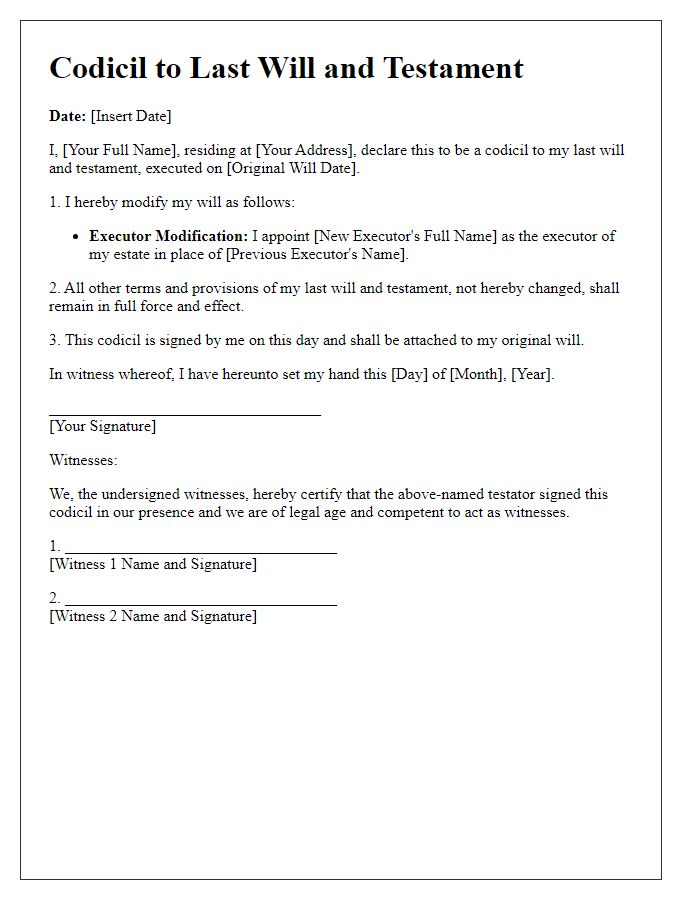 Letter template of will and testament codicil for executor modification.