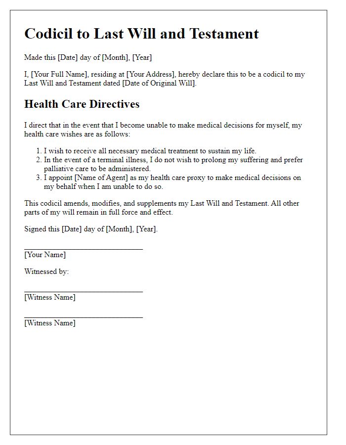 Letter template of will and testament codicil for health care directives.