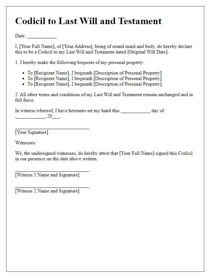 Letter template of will and testament codicil for personal property bequests.