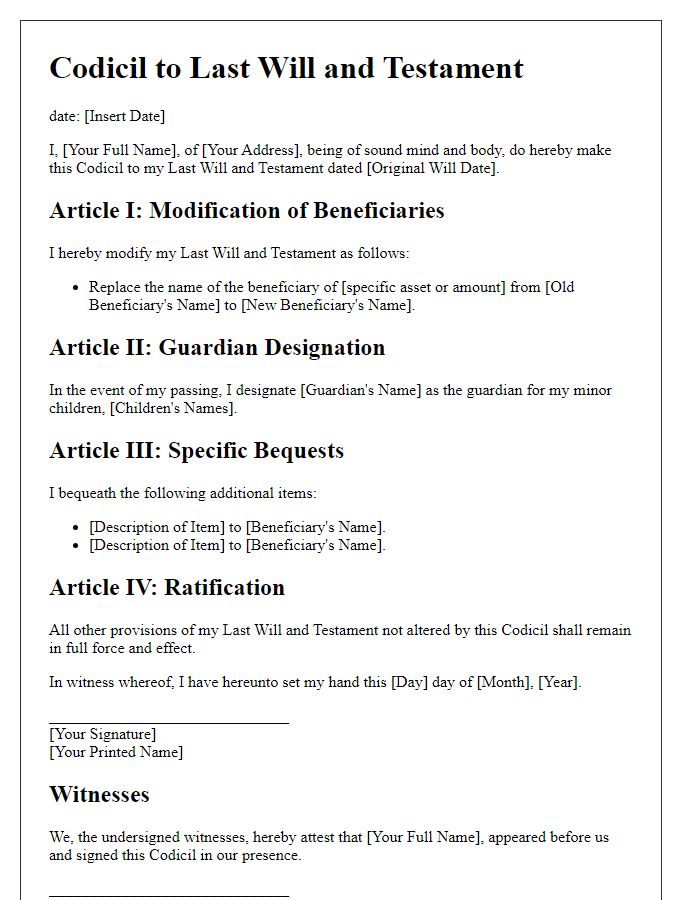 Letter template of will and testament codicil for special circumstances.