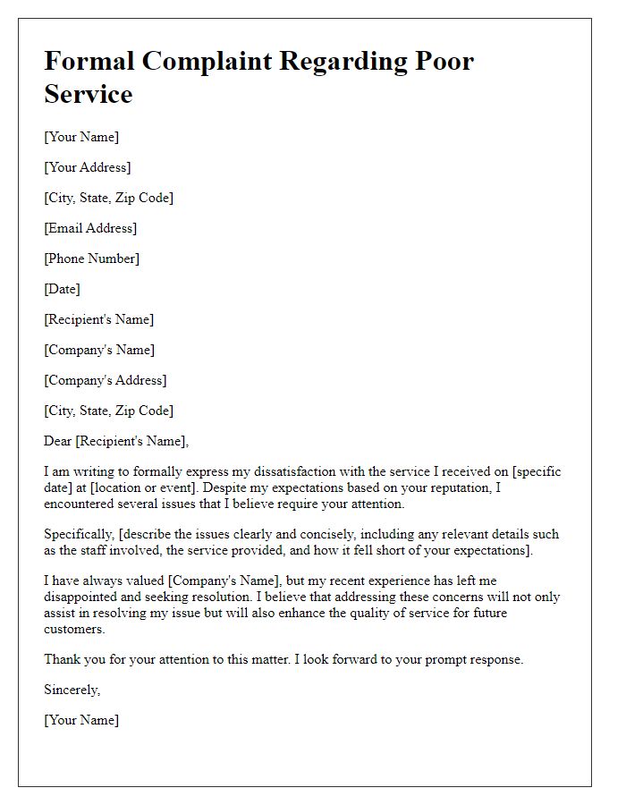 Letter template of formal complaint about poor service experience.