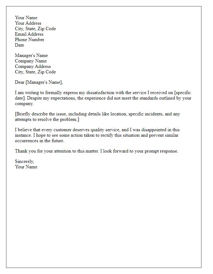 Letter template of formal complaint about service-related issues.