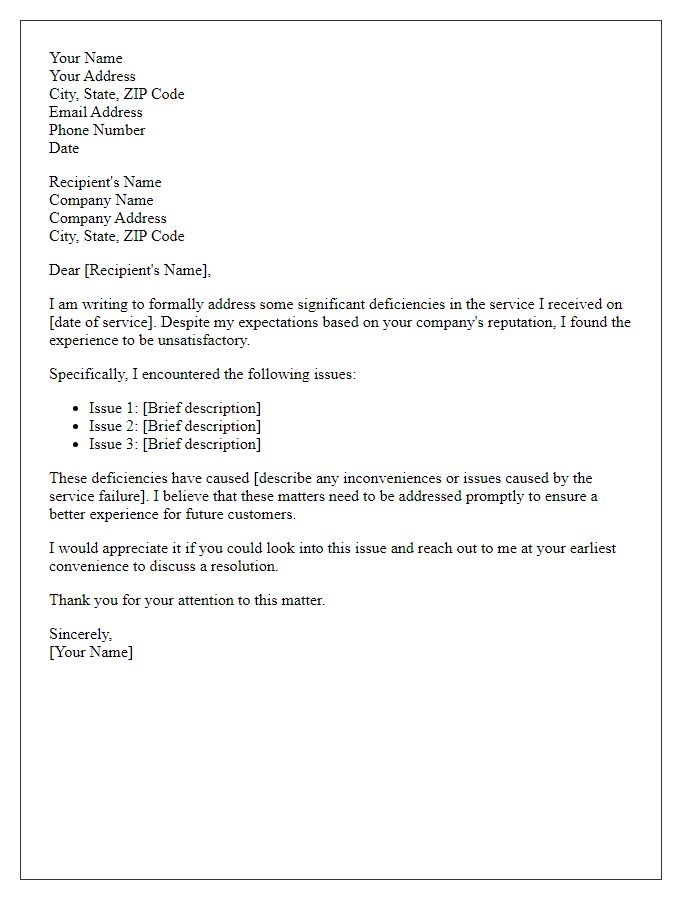 Letter template of formal complaint addressing service deficiencies.