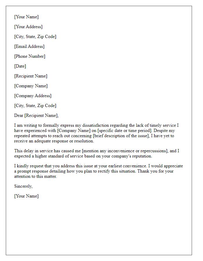 Letter template of formal complaint for lack of timely service.