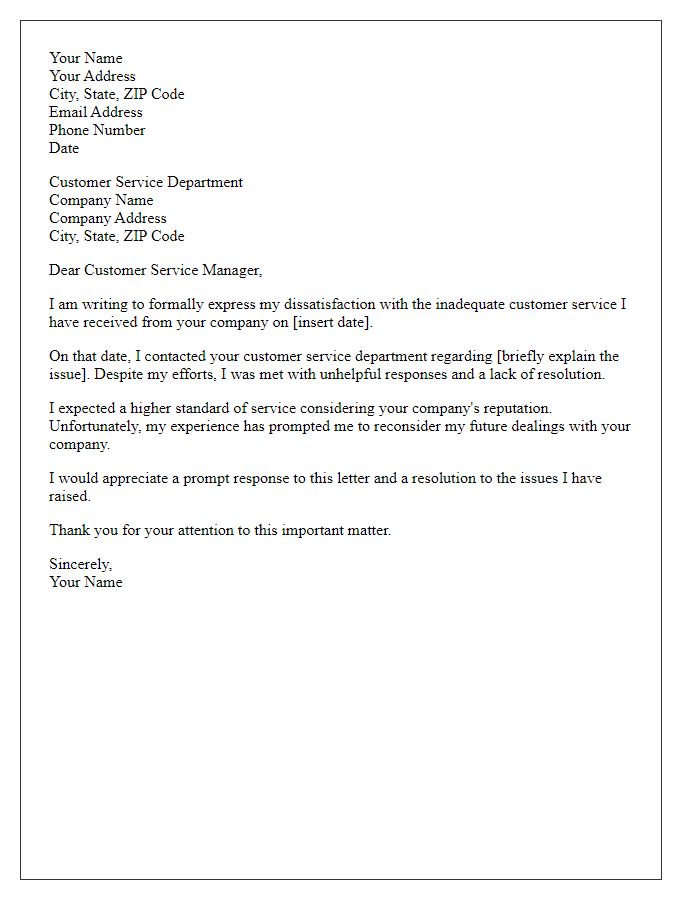 Letter template of formal complaint regarding inadequate customer service.