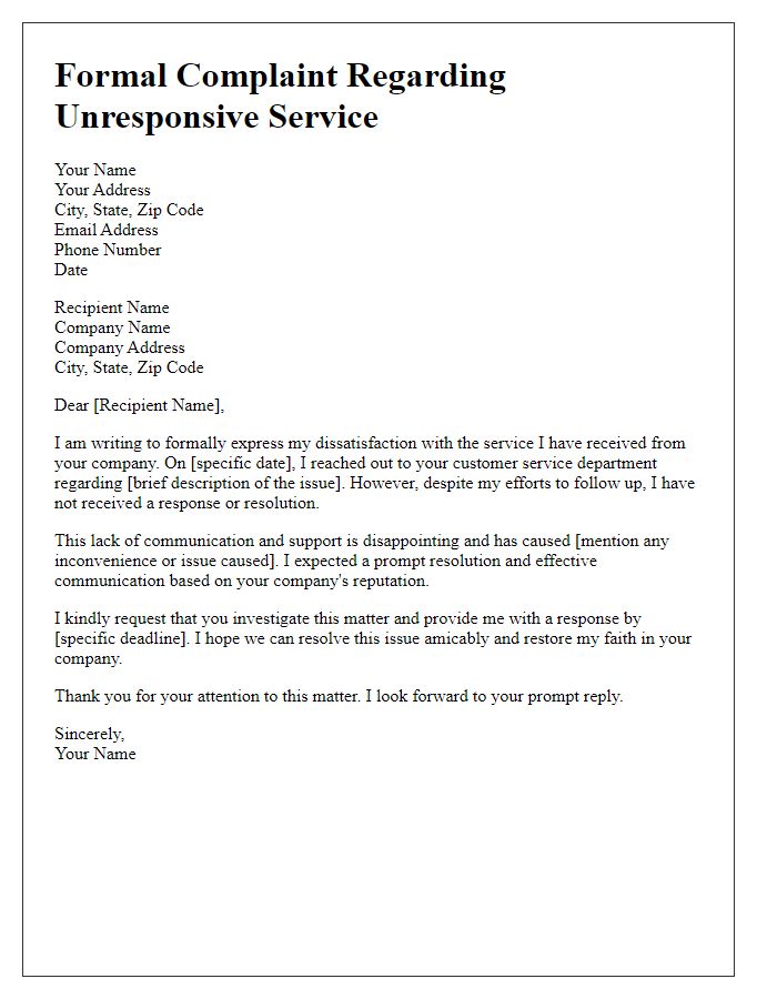 Letter template of formal complaint regarding unresponsive service.