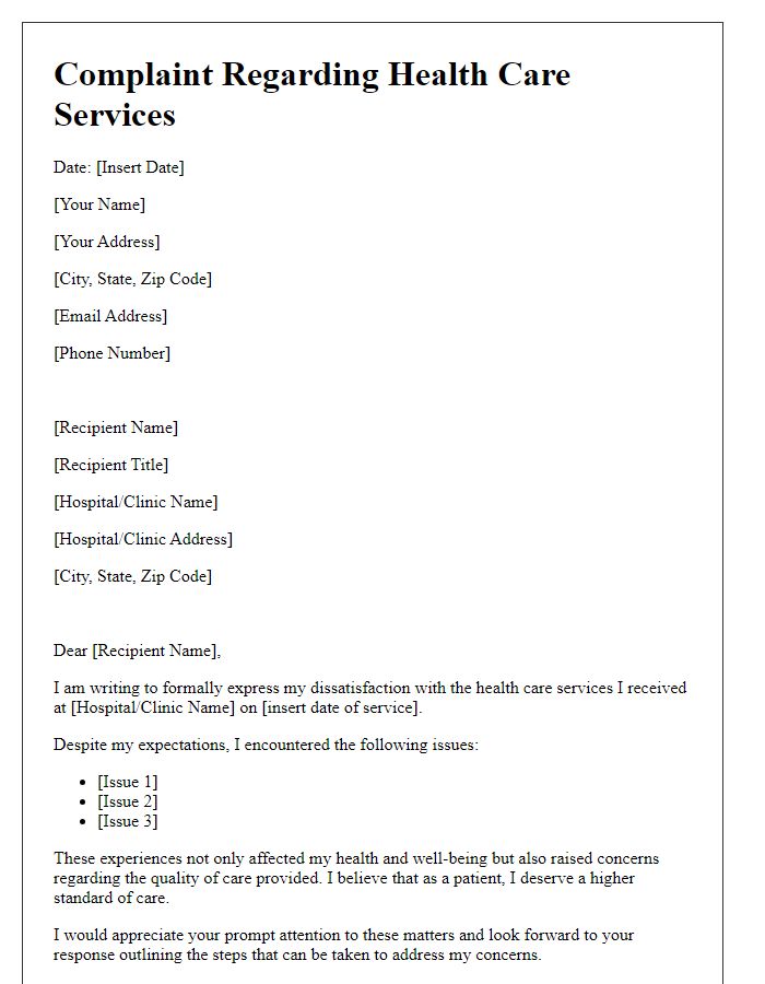 Letter template of complaint regarding health care services