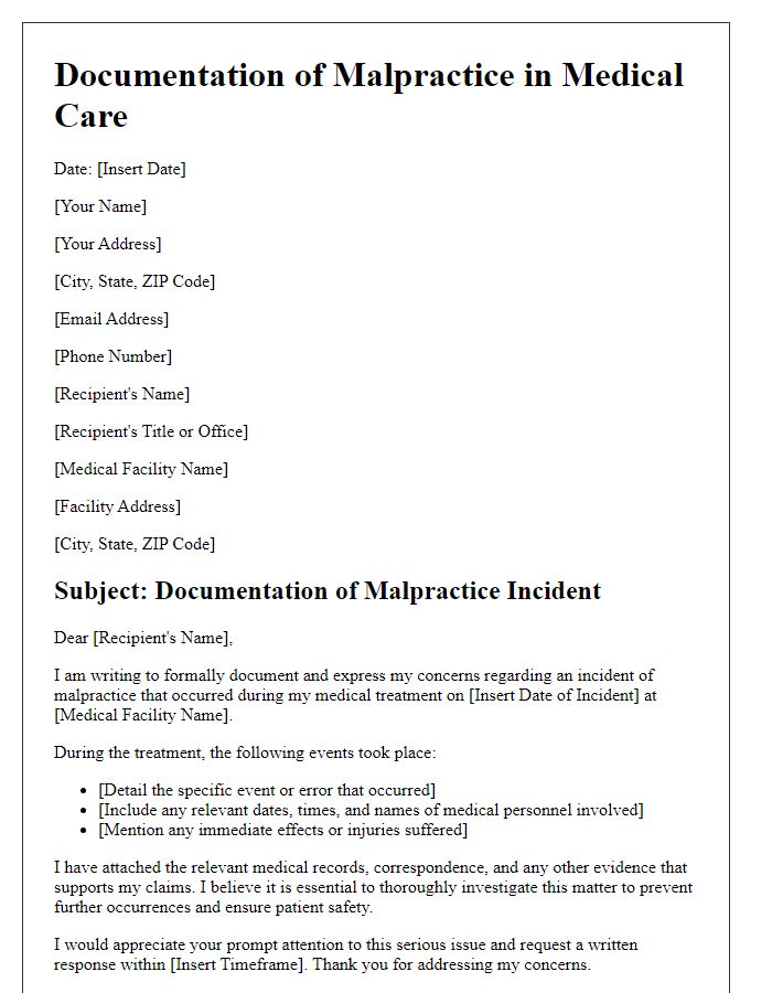 Letter template of documentation of malpractice in medical care