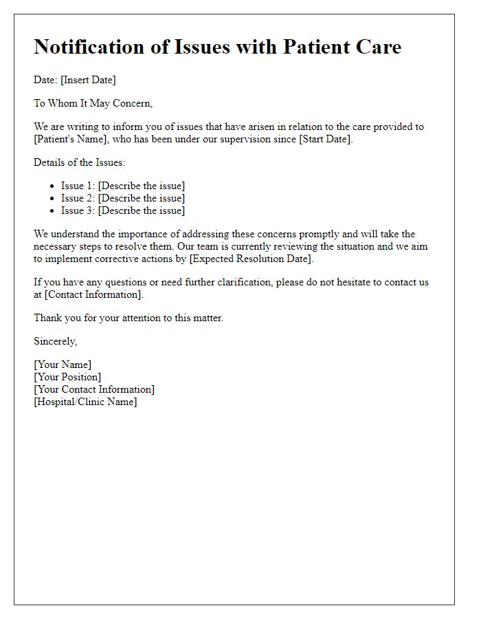 Letter template of notification of issues with patient care