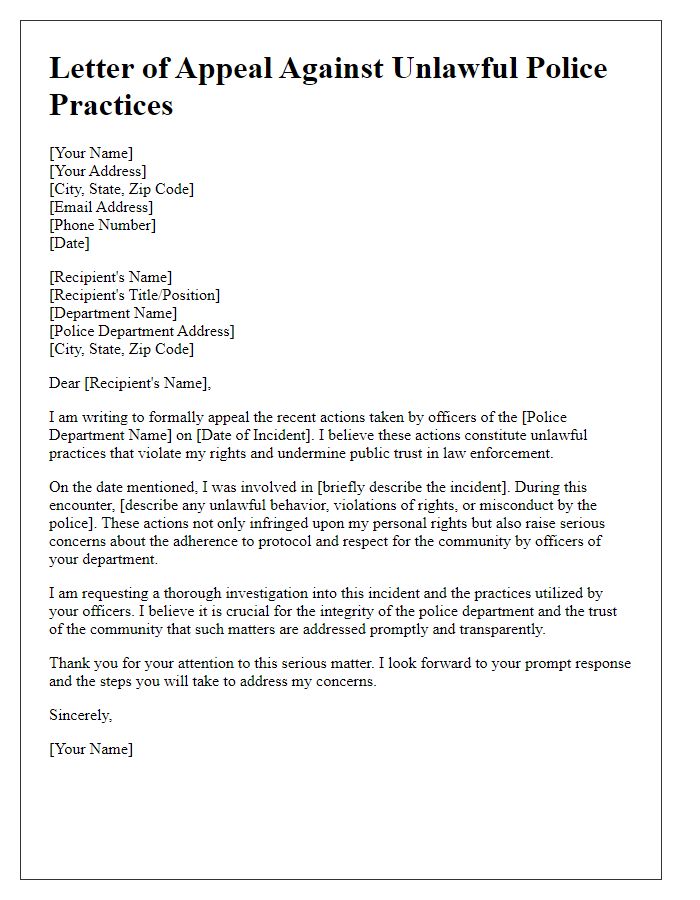 Letter template of appeal addressing unlawful police practices.