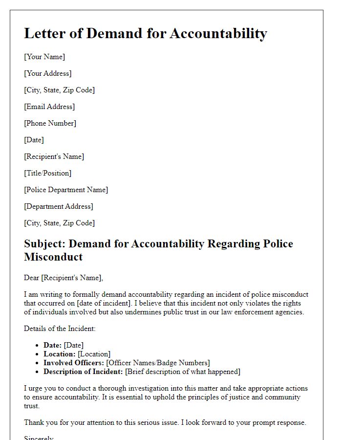 Letter template of demand for accountability in police misconduct case.