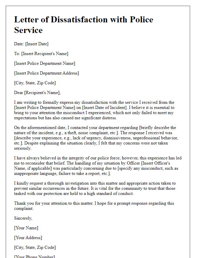 Letter template of dissatisfaction with police service and misconduct report.