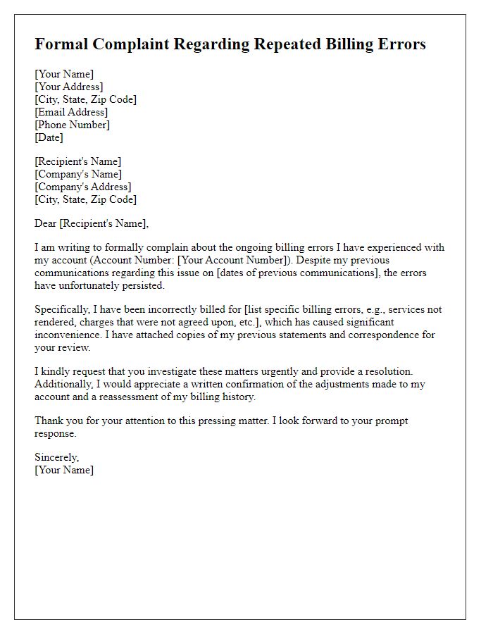 Letter template of formal complaint over repeated billing errors.