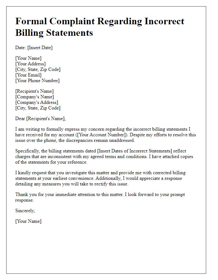 Letter template of formal complaint related to incorrect billing statements.