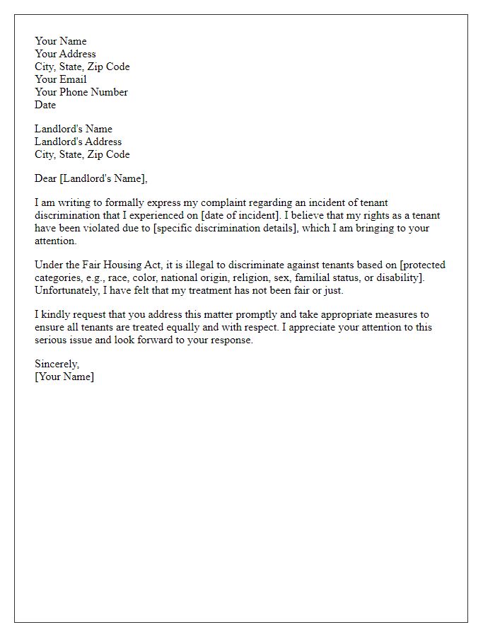 Letter template of formal complaint addressing tenant discrimination.