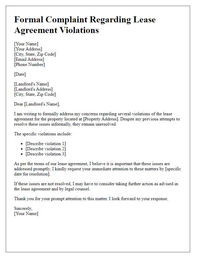 Letter template of formal complaint concerning lease agreement violations.