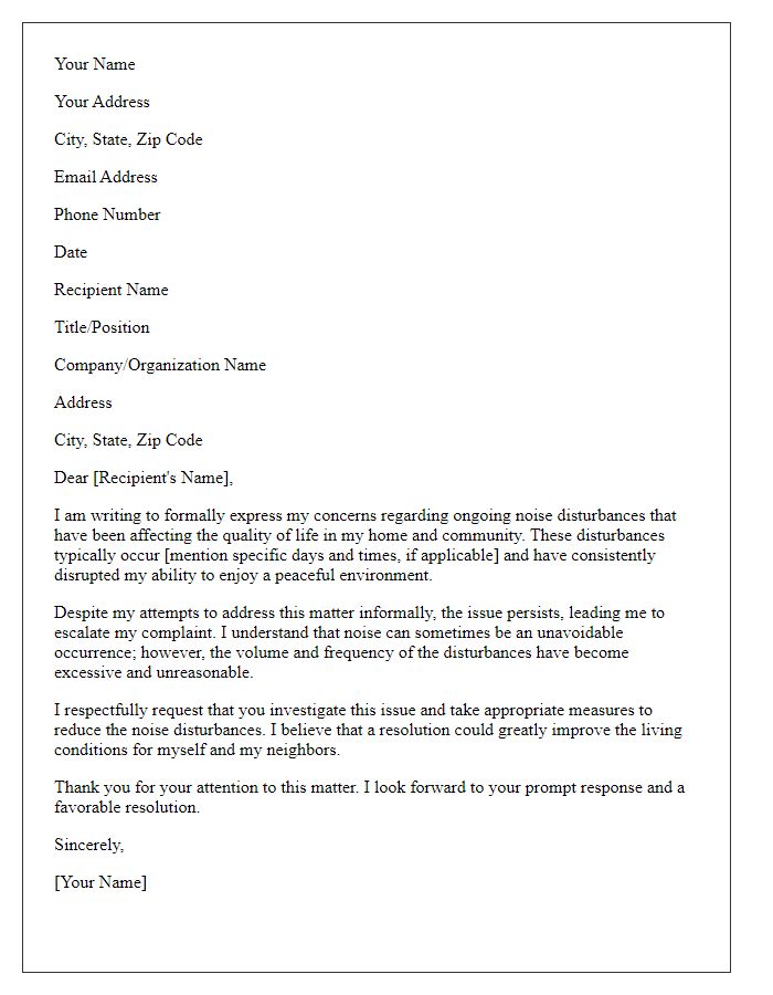 Letter template of formal complaint regarding noise disturbances.