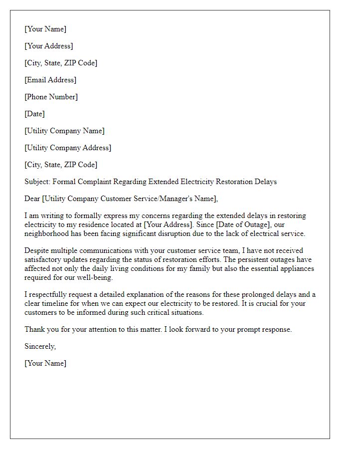 Letter template of formal complaint about extended electricity restoration delays.