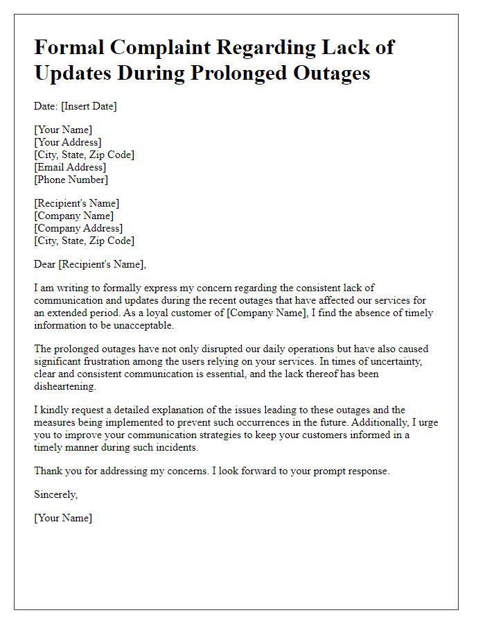 Letter template of formal complaint about lack of updates during prolonged outages.