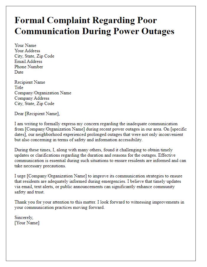 Letter template of formal complaint concerning poor communication during power outages.