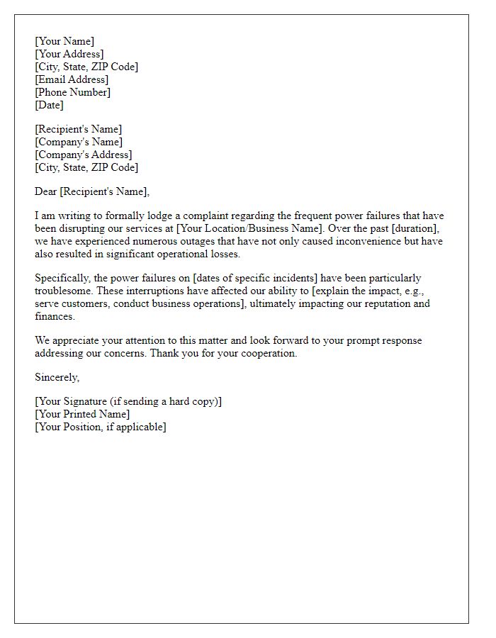 Letter template of formal complaint for disruption of services due to power failures.