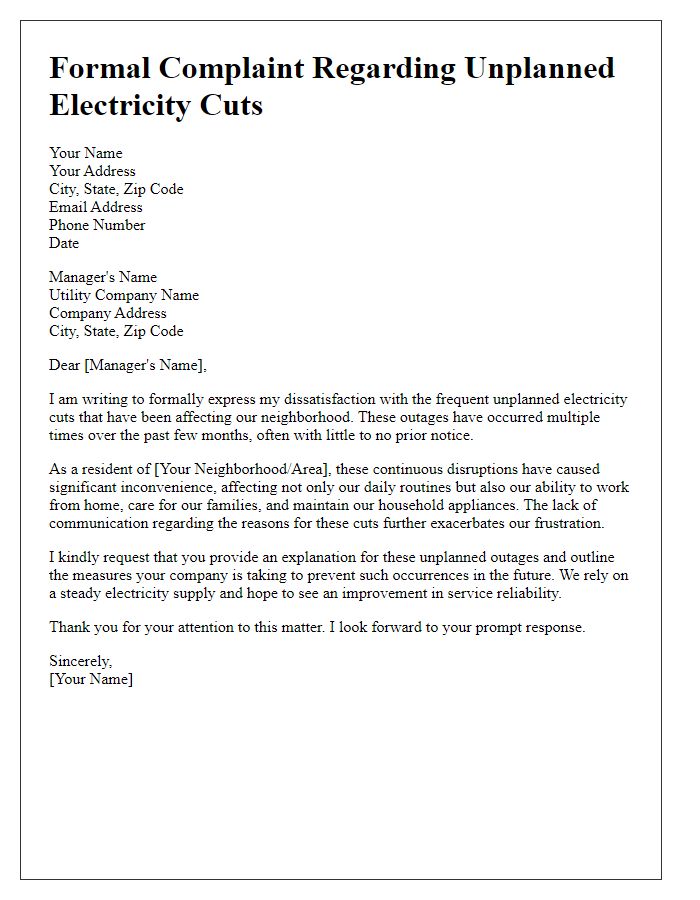 Letter template of formal complaint on the inconvenience caused by unplanned electricity cuts.