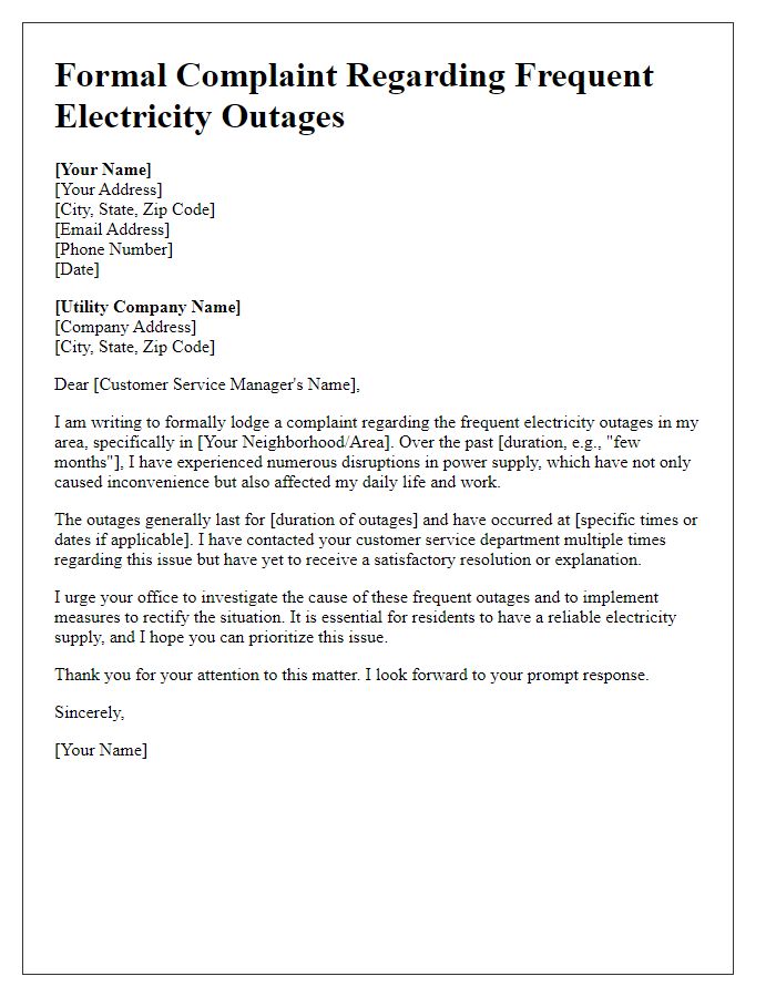 Letter template of formal complaint regarding frequent electricity outages.