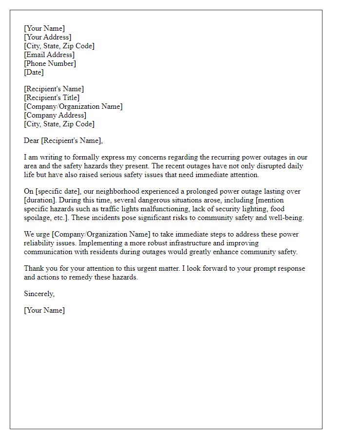 Letter template of formal complaint regarding safety hazards due to power outages.