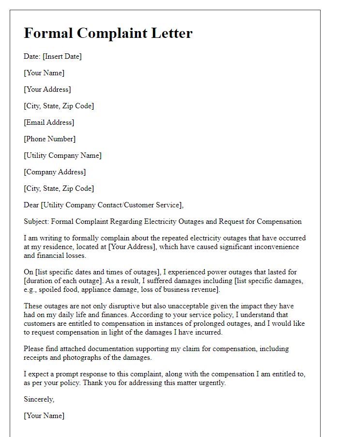 Letter template of formal complaint requesting compensation for damages from electricity outages.