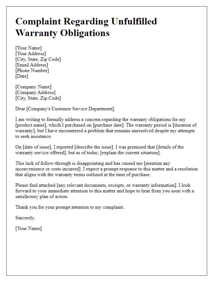 Letter template of complaint about unfulfilled warranty obligations