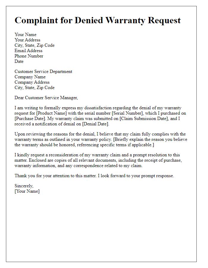 Letter template of complaint for denied warranty request