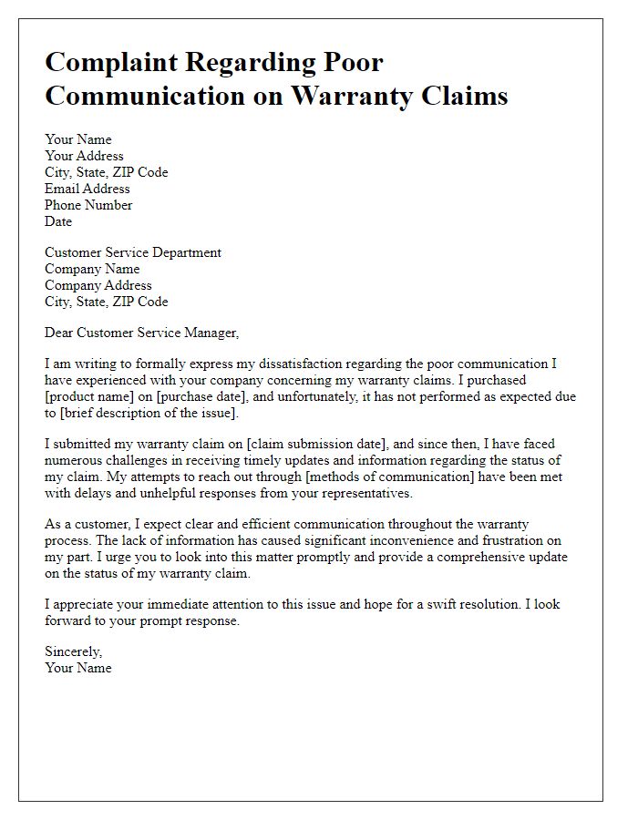 Letter template of complaint related to poor communication on warranty claims