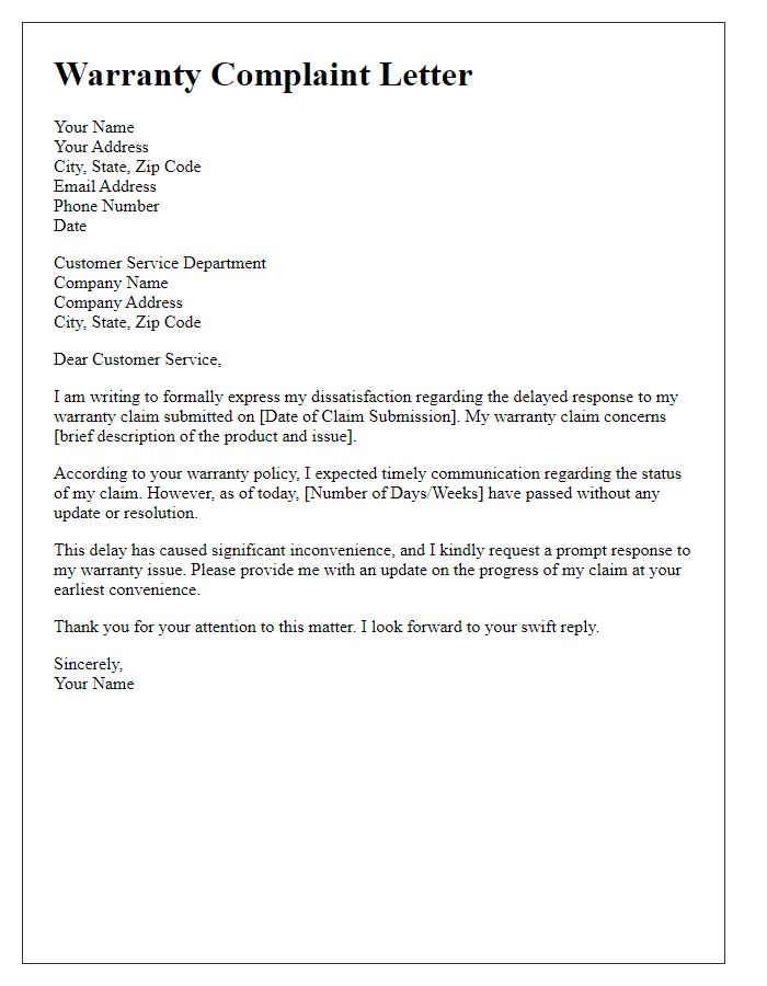 Letter template of warranty complaint for delayed response