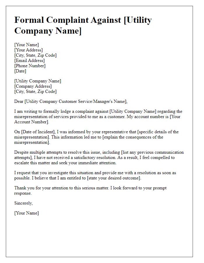 Letter template of formal complaint against utility company for misrepresentation