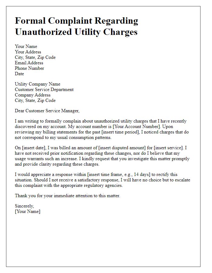 Letter template of formal complaint alleging unauthorized utility charges