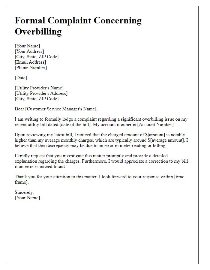 Letter template of formal complaint concerning overbilling by utility provider