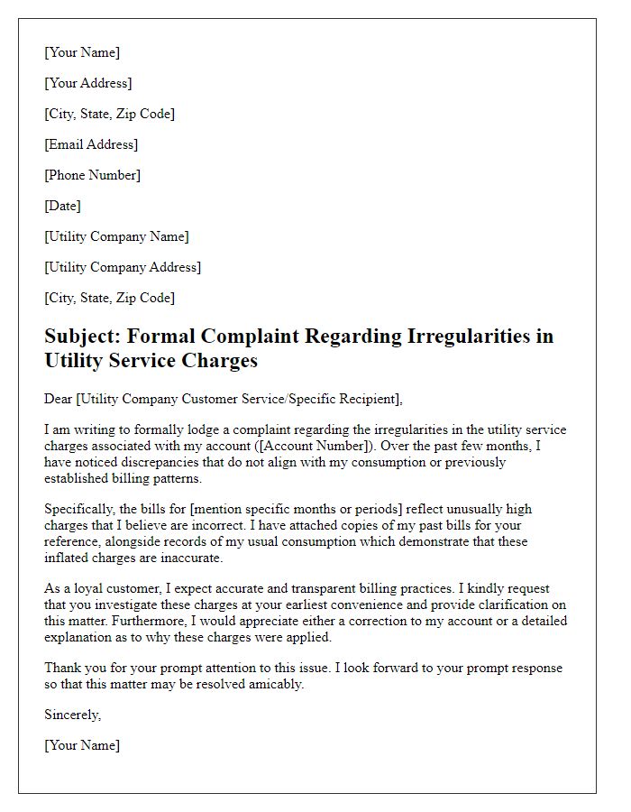 Letter template of formal complaint for irregularities in utility service charges