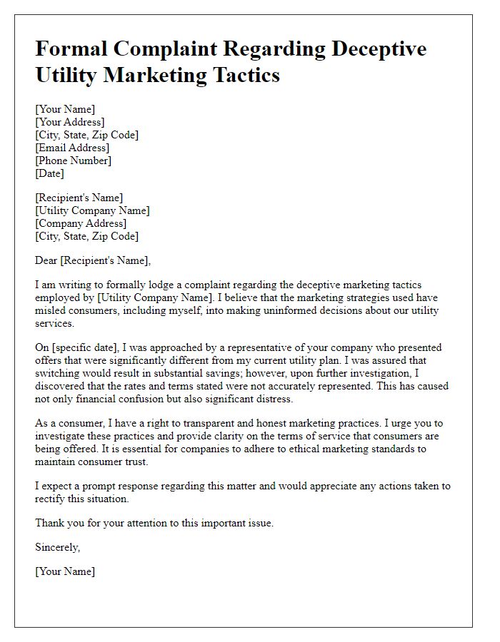 Letter template of formal complaint regarding deceptive utility marketing tactics