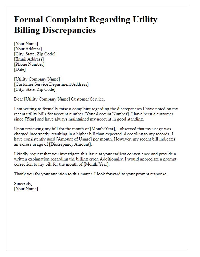 Letter template of formal complaint regarding utility billing discrepancies