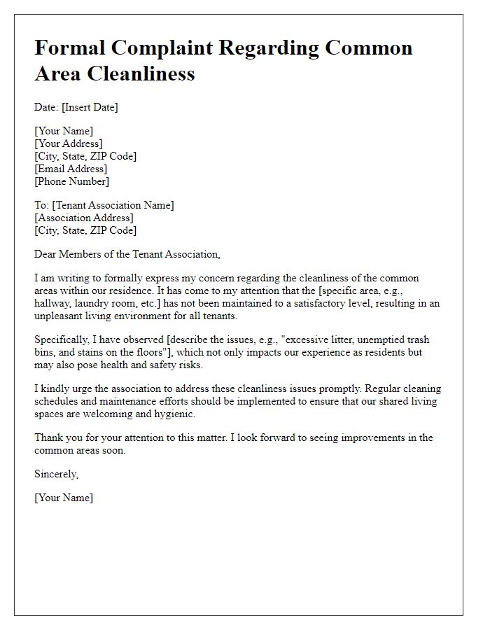 Letter template of formal complaint to tenant association about common area cleanliness.