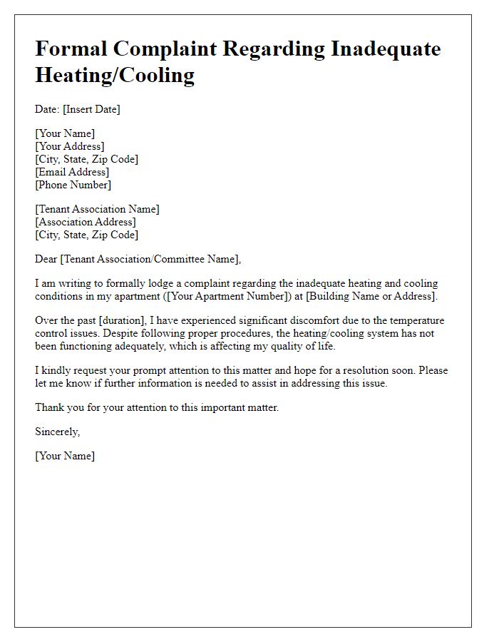 Letter template of formal complaint to tenant association about inadequate heating/cooling.