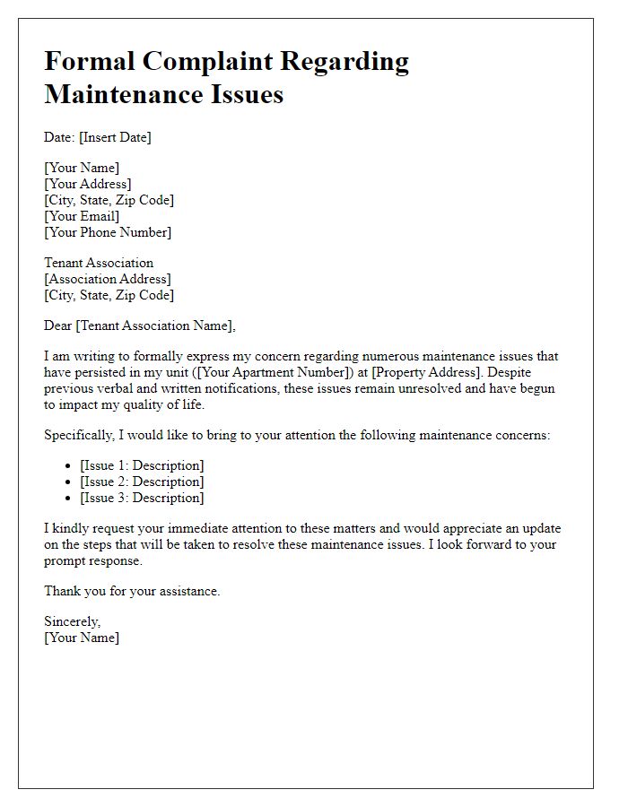 Letter template of formal complaint to tenant association about maintenance issues.