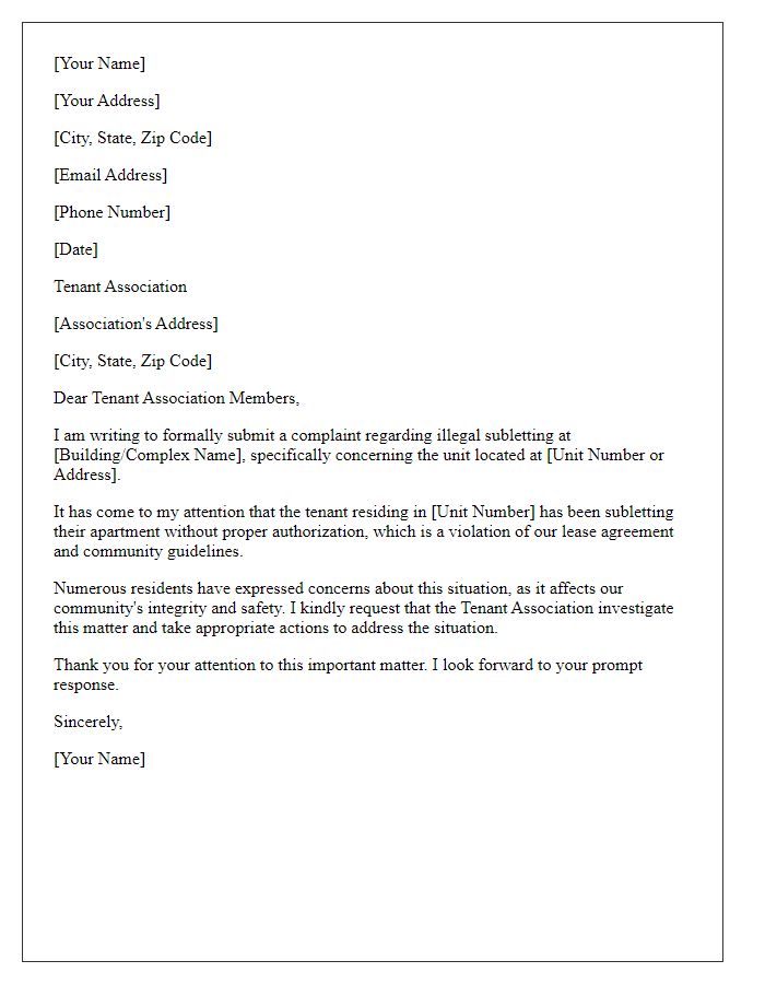 Letter template of formal complaint to tenant association concerning illegal subletting.