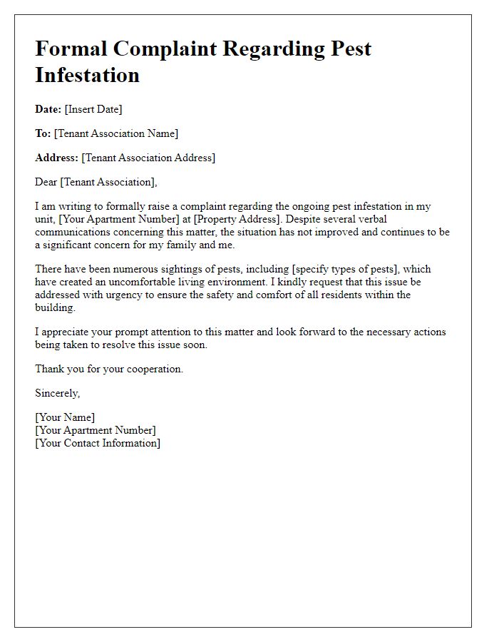 Letter template of formal complaint to tenant association concerning pest infestations.