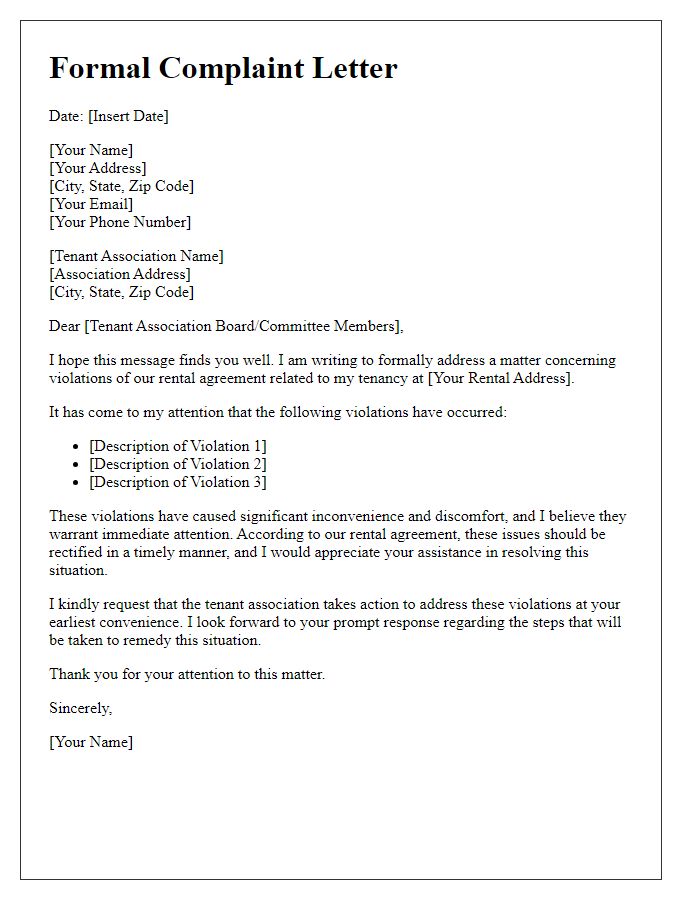 Letter template of formal complaint to tenant association on rental agreement violations.